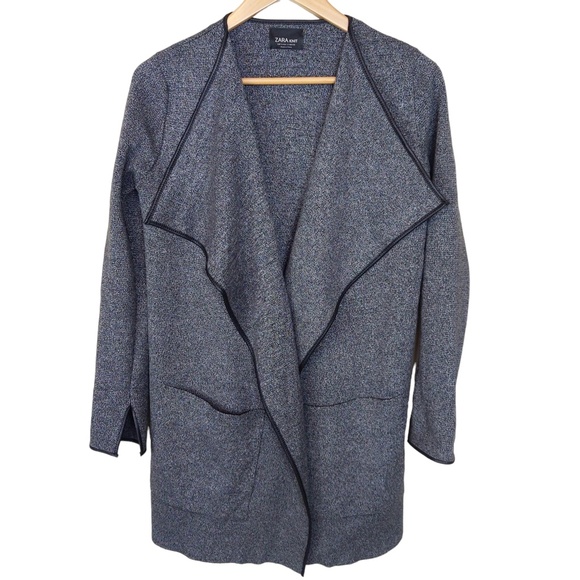 Zara Grey Knit Open Front Sweater Jacket with Faux Leather Trim - Picture 3 of 9